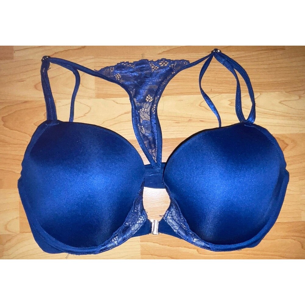 Cacique 38DD Plunge Underwire Bra Front Close Lace Racerback Strappy Royal Blue